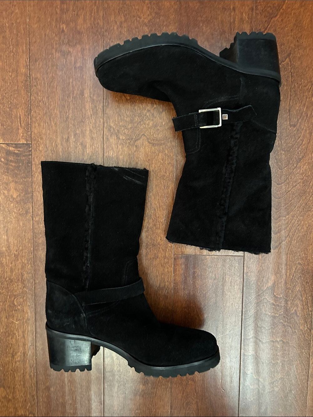 Malo Italian Black Suede Heeled Boots,Buckle Strap and Fur Lining, Size 9.5 (40)